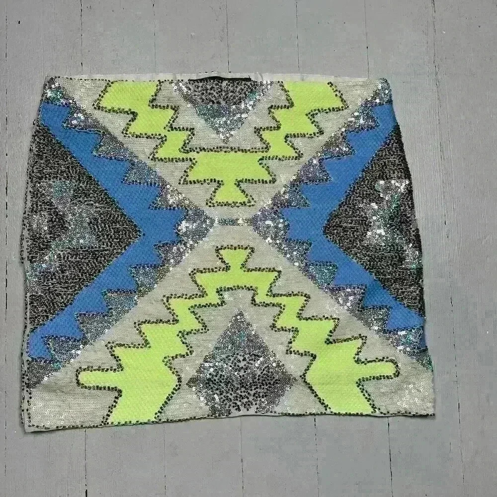english rose Neon Yellow Blue Sequin Aztec Midi Skirt